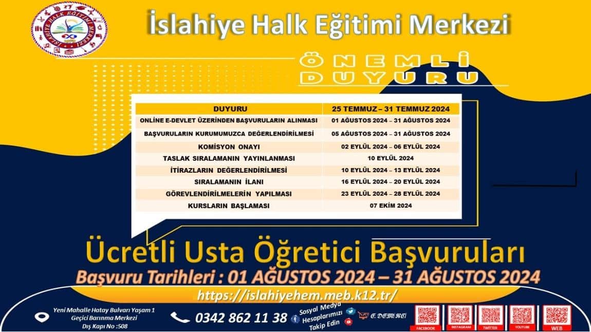 2024/2025 EĞİTİM ÖĞRETİM YILI USTA ÖĞRETİCİ BAŞVURULARI